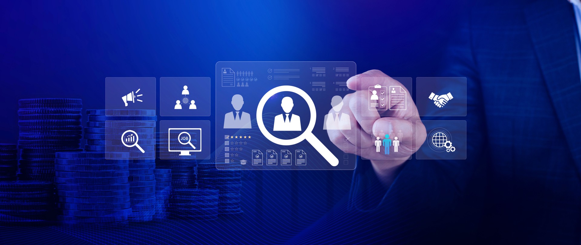 Digital interface for HR recruitment with icons and a hand giving a thumbs-up, superimposed over a stack of coins and city skyline. Digital interface for HR recruitment with icons and a hand giving a thumbs-up, superimposed over a stack of coins and city skyline.